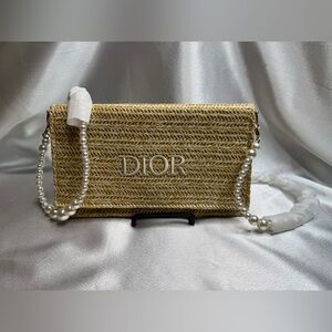 NIB Dior Beauty Raffia Straw Pouch Bag w/ Unbranded Pearl Chain